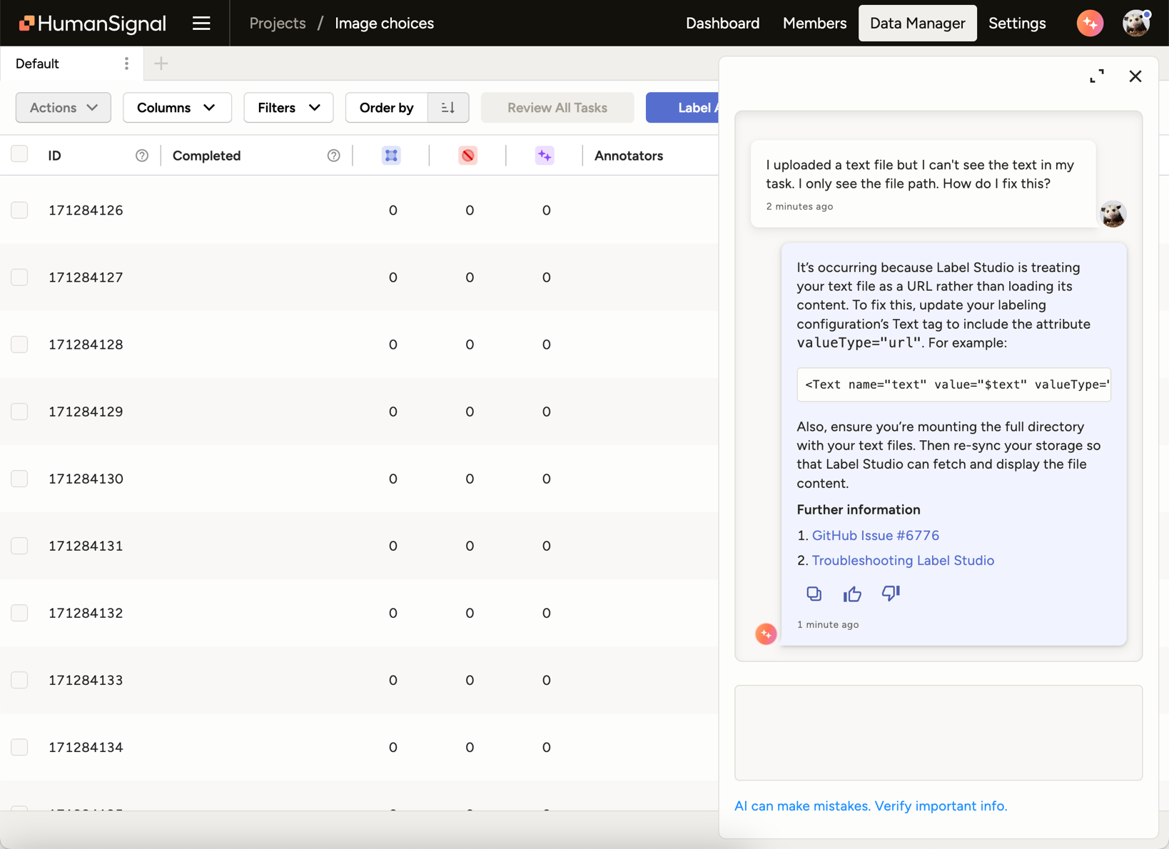Screenshot of AI Assistant for labeling configs